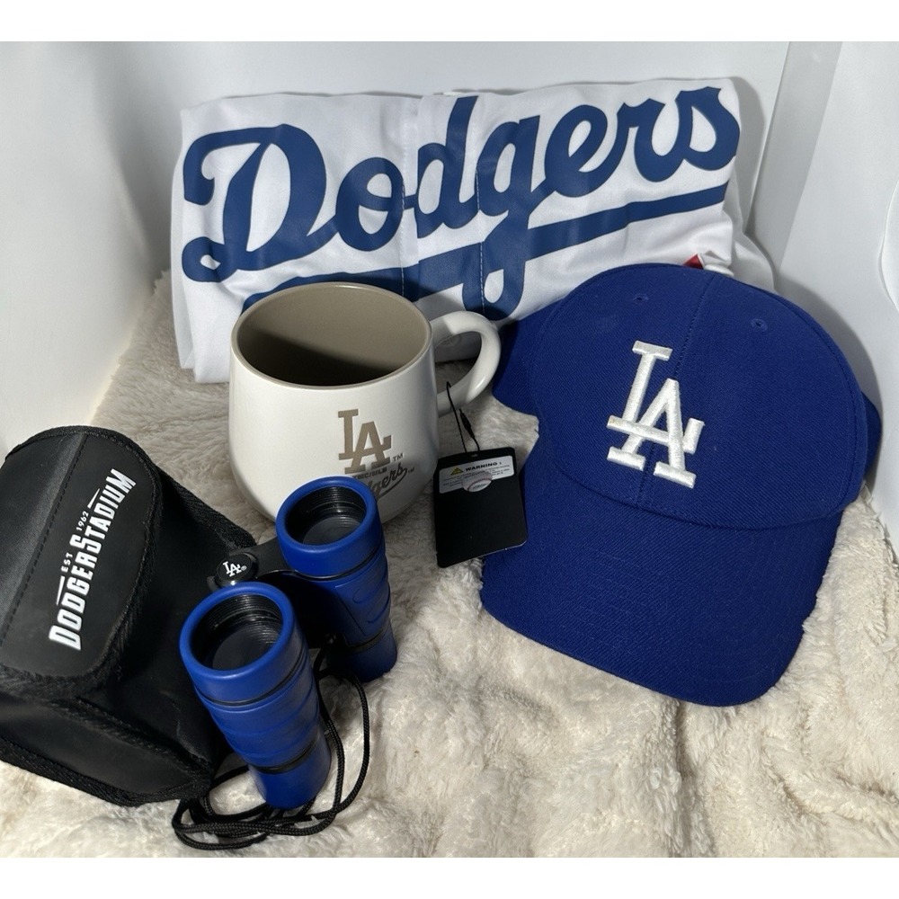 LA Dodgers MLB Baseball Fan Gear Lot Buehler Jersey XL Wool Hat Mug & Binoculars